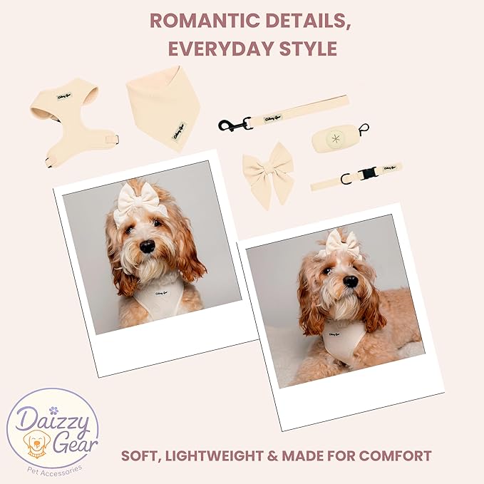 Medium Dog Harness Set – No Pull Harness with Matching Leash, Collar, Bandana, Sailor Bow & Poop Bag Holder – Pastel Cream with Heart Embroidery – Adjustable, Soft, Aesthetic Outfit