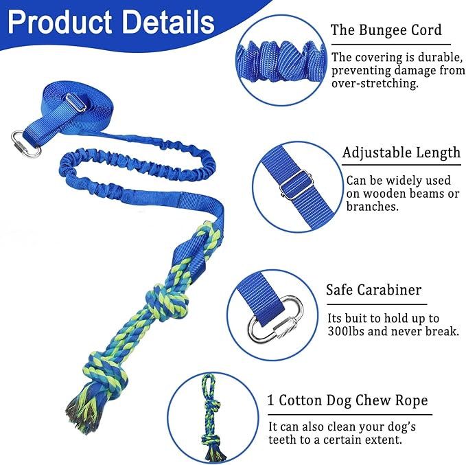 Dog Bungee Tug Toy Hanging from Tree,Outdoor Tether Tug of War Interactive Dog Rope with Chew Lure for Small Medium Large Dogs (Blue)