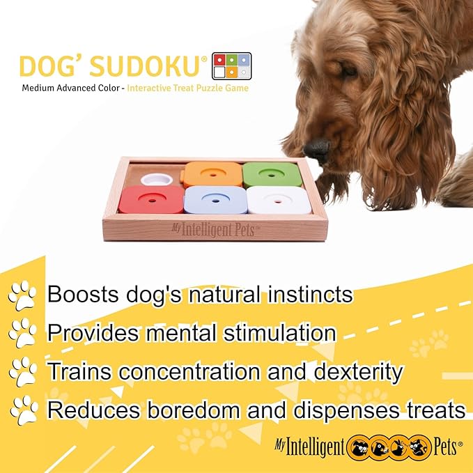 Interactive Sudoku Puzzle for Small Dogs and Cats - Advanced Brain Pet Toy - 6 Treat-Hiding Holes, Medium Wood and Plastic Design