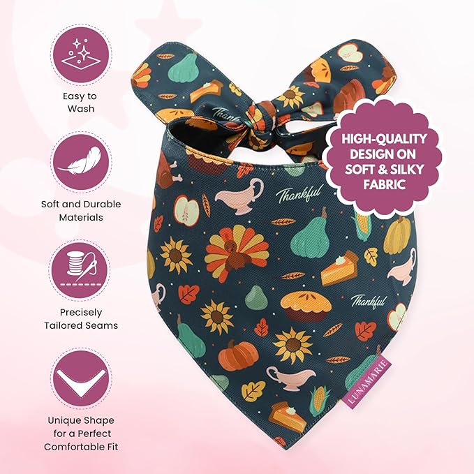 Luxury Pet Birthday Bandanas -Premium & Silky Poly Fabric | 100% Handmade | Custom Shape Dual Layered (Thanksgiving, Medium)
