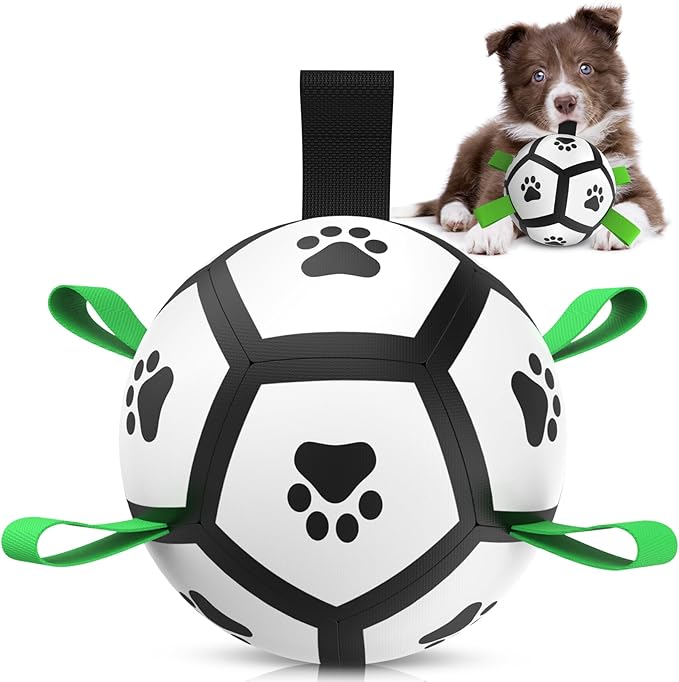 QDAN Dog Toys Soccer Ball with Straps, Interactive Toys for Tug of War, Puppy Birthday Gifts, Dog Water Toy, Durable Balls World Cup for Small Dogs(5 Inch)