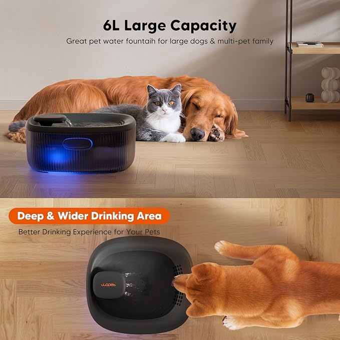 WOPET Dog Water Fountain for Large Dogs, 6L/205oz/1.7Gal Automatic Dog and Cat Water Fountain,Dog Water Dispenser with 2 Filter,Ultra-Quiet Pump,Great for Large Dogs Cats and Multi-Pet Home