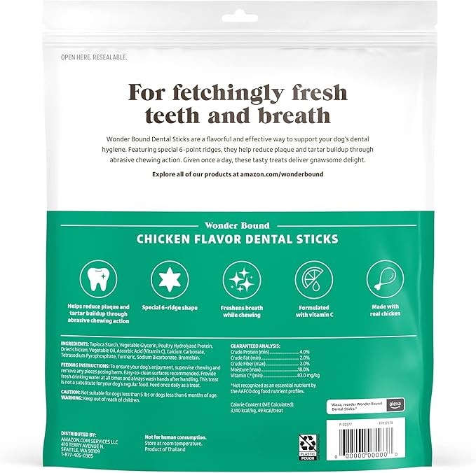 Wonder Bound Chicken Flavor Dental Sticks for Small/Medium Dogs (15-40 lbs), 6-Ridge Shape for Plaque & Tartar Control, Freshens Breath, Made With Real Chicken, 45 Count