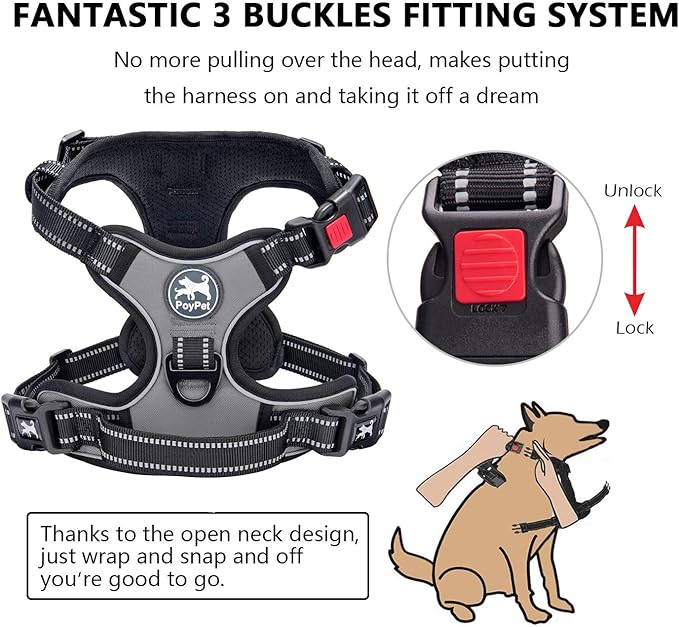 PoyPet No Pull Dog Harness, No Choke Front Lead Dog Reflective Harness, Adjustable Soft Padded Pet Vest with Easy Control Handle for Small to Large Dogs(Grey,S)