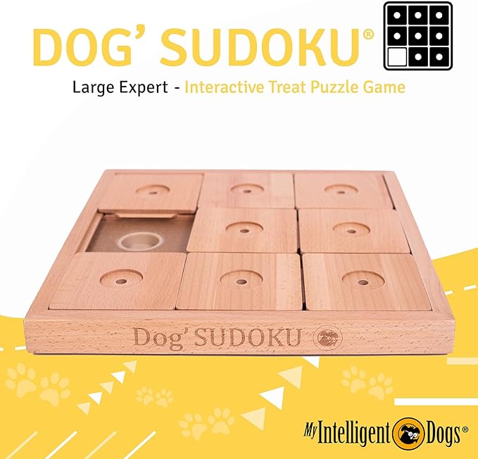 Interactive Wooden Sudoku Puzzle for Large Dogs - Expert Brain Pet Toy - 9 Treat-Hiding Holes, Large All-Wood Design