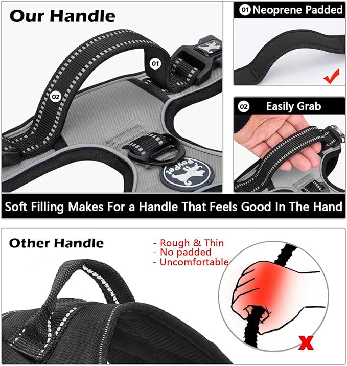 PoyPet No Pull Dog Harness, No Choke Front Lead Dog Reflective Harness, Adjustable Soft Padded Pet Vest with Easy Control Handle for Small to Large Dogs(Grey,S)