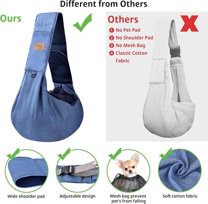 Dog Sling Carrier for Small Dogs, Soft Adjustable Wide Strap Pet Dog Bag with Safe Mouth, Hand Free Front Carrying Puppy Cat Dog Kangaroo Pouch Carrier for Traveling