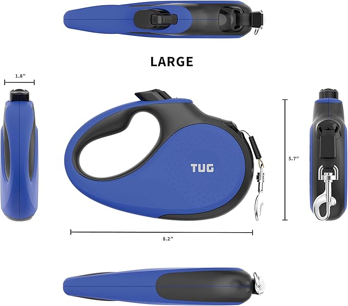TUG 360° Tangle-Free Retractable Dog Leash with Anti-Slip Handle | 16 ft Strong Nylon Tape | One-Handed Brake, Pause, Lock (Large, Blue)