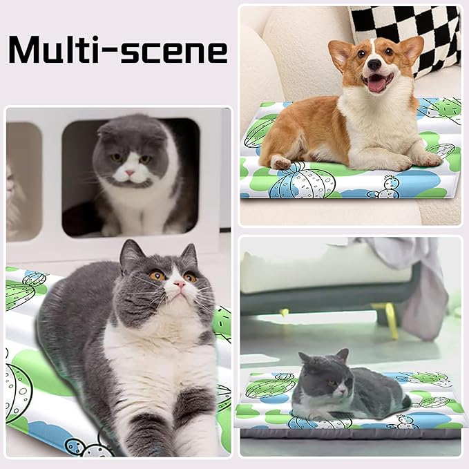 Dog Cooling Mat, Double Ice Gel Cooling Mat for Dogs with Cactus Patterns, Cooling Pad for Dog and Cats Washable, Durable (L-23.6'' x 17.7'')