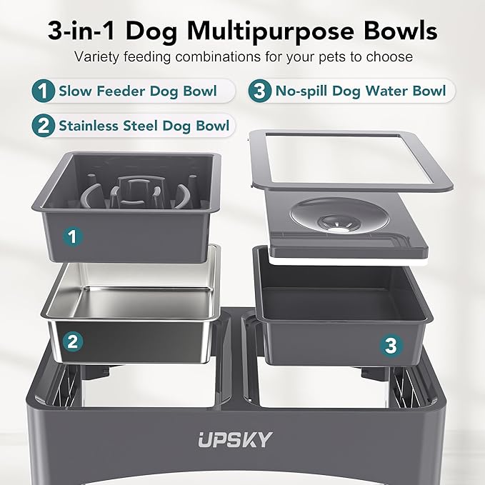 UPSKY Elevated 3-in-1 Dog Bowls: Slow Feeder, Stainless Steel adjustable (4 heights), no-spill, for small/medium dogs (Grey)