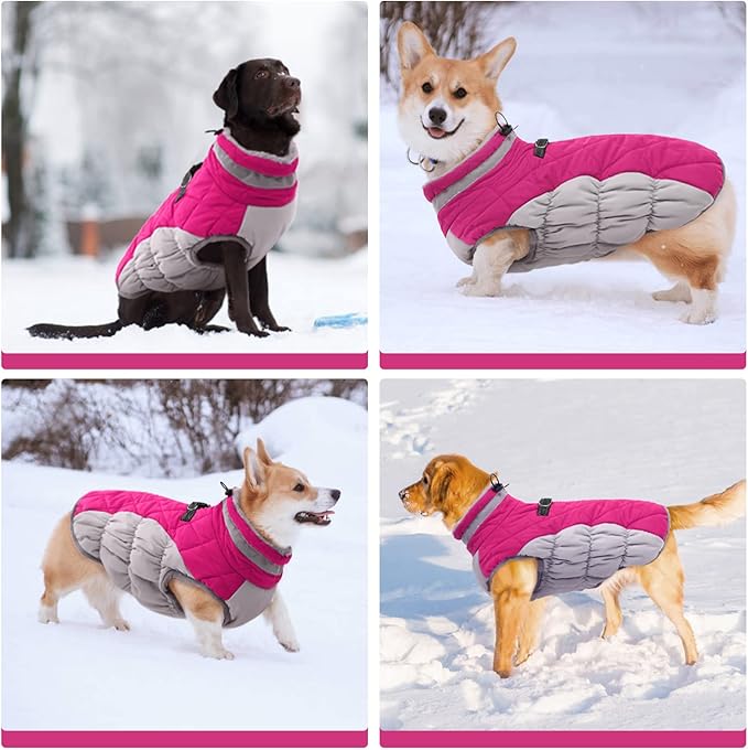FUAMEY Dog Coat - Warm Winter Jacket with Padded Fleece, Reflective, Waterproof & Windproof, Built-in Harness, Rose Red, Large