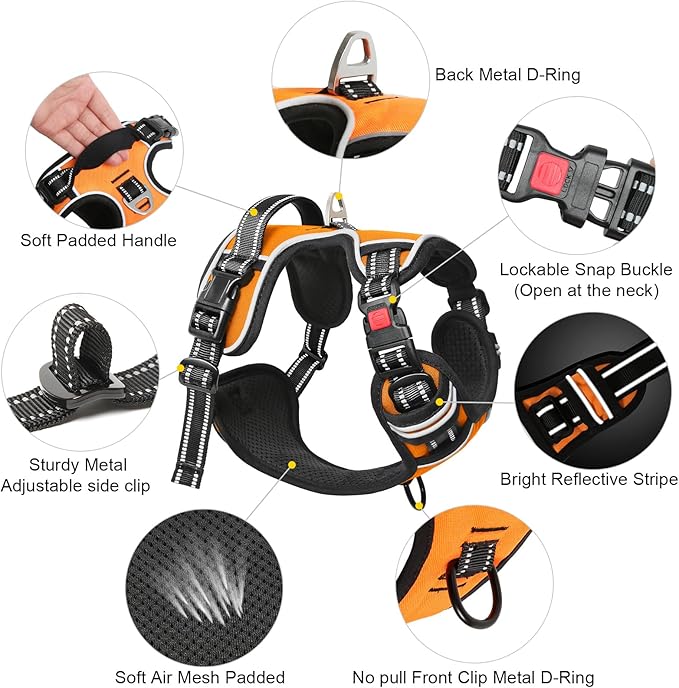 Timos Dog Harness Small Sized, No Pull with Neck Lockable Snap,No Choke Front Clip Dog Reflective Harness,Adjustable Metal Rings 3 Buckles,Easy Control Handle for Small Dogs Orange XS