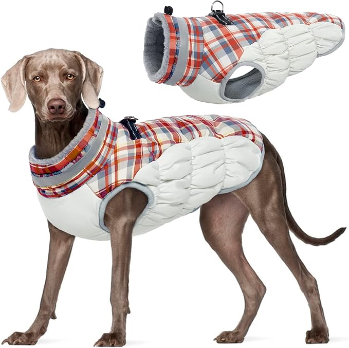 FUAMEY Dog Winter Coat, Jacket with Built-in Harness, Padded Vest, Reflective Clothes for Small to XXXL Dogs, Red Plaid