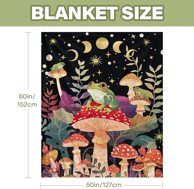 Frog Blanket Gifts for Women Men, Mushroom Throw Blanket, Frog Theme Gifts for Frog Lovers, Frog Decor Birthday Gifts Ideas on Sofa Couch, 50" X 60"
