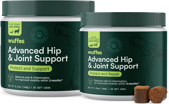 Wuffes Advanced Dog Hip and Joint Supplement with Glucosamine, Chondroitin, Omega 3, MSM, and Green Lipped Mussel, (Pack of 2, Small & Large Breed)