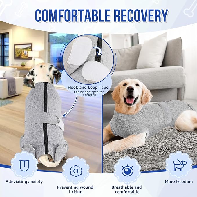 Lukovee Recovery Suit for Dogs, Zipper On Recovery Suit for Female Male Dog, Onesie Abdominal Wounds Cone E-Collar Alternative Prevent Licking Spay Recovery Suit (4XL, Grey)
