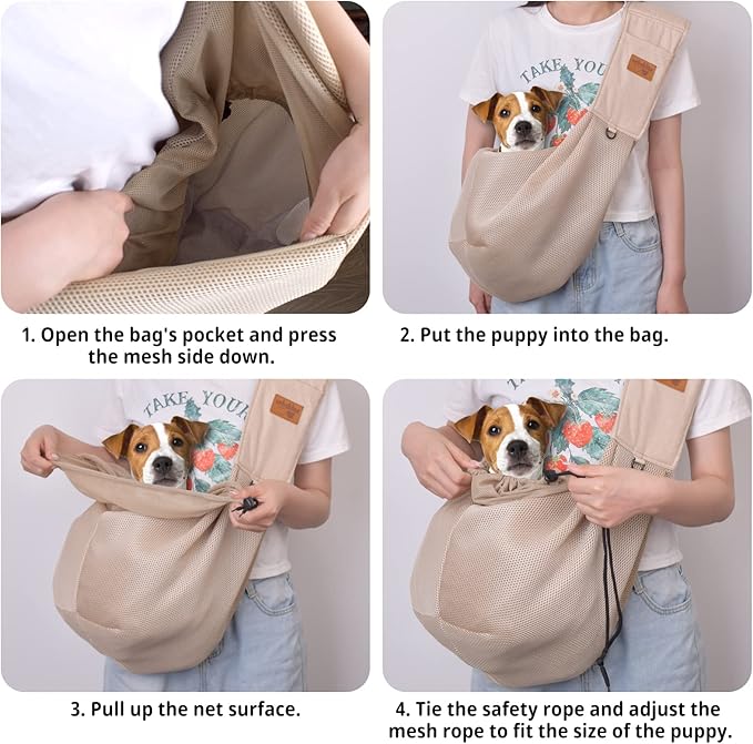 Dog Sling, Breathable Mesh Dog Sling Carrier, Adjustable Strap Dog Carrier Sling, Dog Carrier Bag with Pocket, Hands Free Dog Carriers for Travel Outdoor(Beige-L)