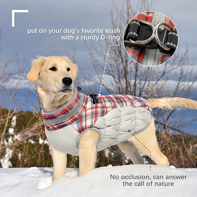 FUAMEY Dog Winter Coat, Jacket with Built-in Harness, Padded Vest, Reflective Clothes for Small to XXXL Dogs, Red Plaid
