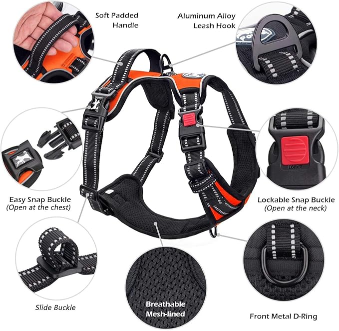PoyPet No Pull Dog Harness, No Choke Front Clip Dog Reflective Harness, Adjustable Soft Padded Pet Vest with Easy Control Handle for Small to Large Dogs(Orange,L)