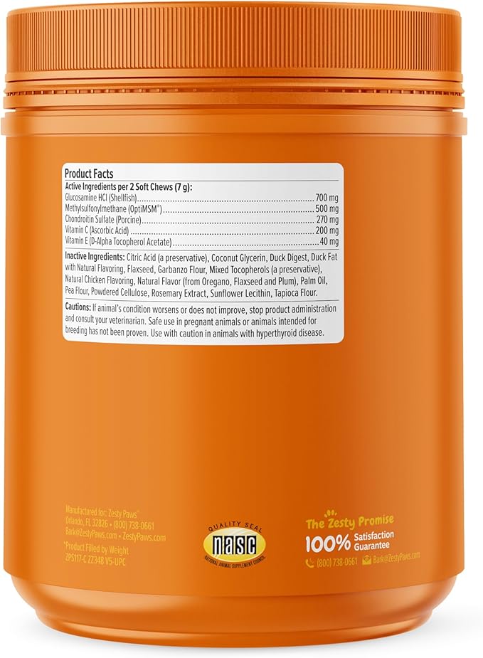 Zesty Paws Hip and Joint for Dogs, Glucosamine for Dogs Hip and Joint Supplement with Chondroitin, MSM, Vitamins C & E - Duck, 250 Count