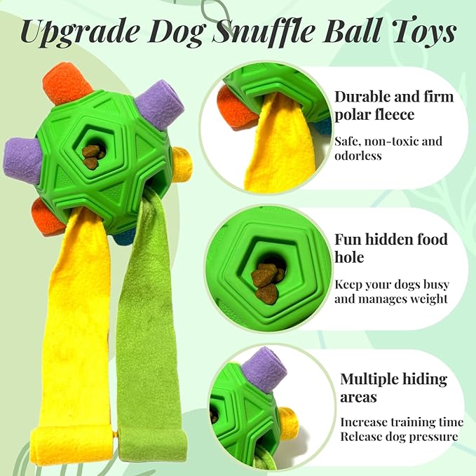 Snuffle Ball for Dog Toys Unbreakable Upgrade Ball Interactive Toy Foraging Snuffle Mat Puppy Treat Dispenser Slow Feeder Dog Puzzle Toys for Small, Medium, Large Pets (Green Rainbow)