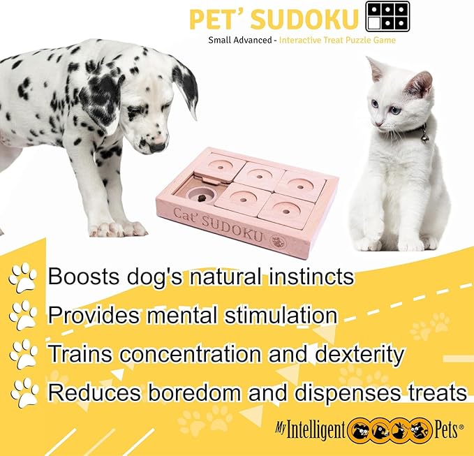 Interactive Wooden Sudoku Puzzle for Cats and Small Dogs - Advanced Brain Pet Toy - 6 Treat-Hiding Holes, Small All-Wood Design