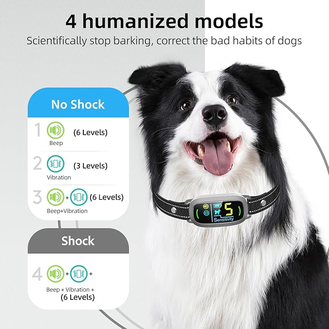 Dog Bark Collar for Large Medium Small Dogs, Rechargeable Smart Bark Collar, Anti Barking Training Collar with 5 Adjustable Sensitivity Beep Vibration (Grey)