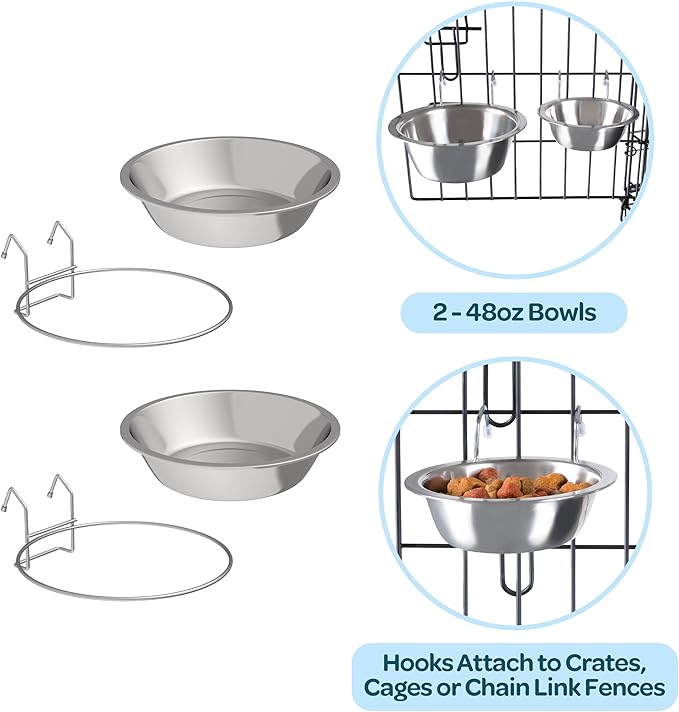 PETMAKER Stainless-Steel Hanging Pet Bowls for Dogs & Cats-Cage, Kennel, & Crate Large Feeder Dishes for Food & Water-Set of 2, 48oz Each
