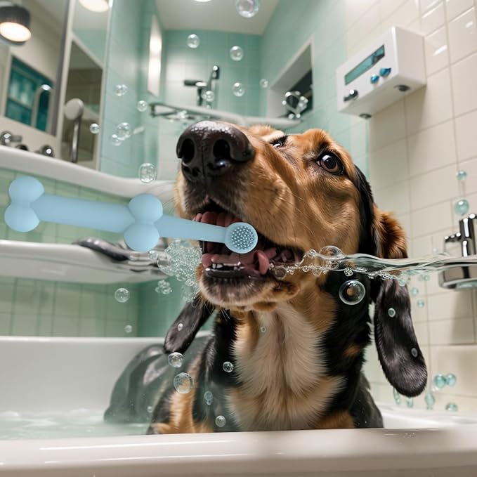 Pet Dental Care Set - Silicone Toothbrush and Finger Brush Set for Dogs and Cats with 1 Matching Finger Brush for Removing Food Debris and Freshening Breath (Blue/Green/Beige) (Green, Medium)