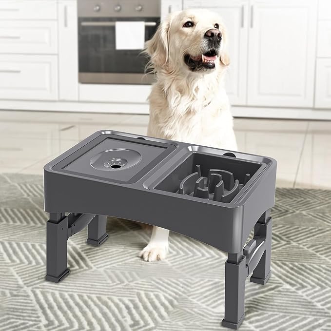 UPSKY 2-in-1 Elevated Dog Bowls Slow Feeder, 4 Height Adjustable Raised Bowl Stand, No Spill Water Dispenser, Anti-Slip Food and Water Bowl for Small Medium Dogs