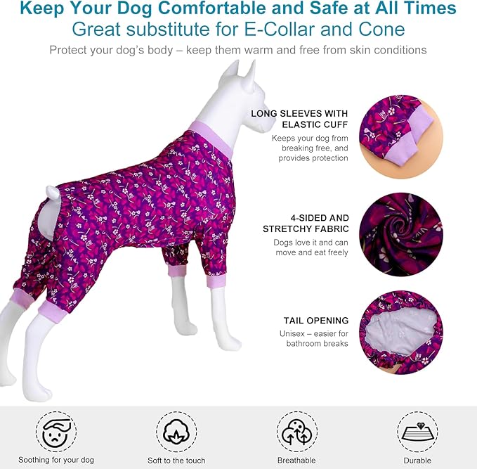 LovinPet Big Dogs Pajamas Jumpsuit, Pet Anxiety Relief Shirt, Sun Protection Dog Shirt, Comfy Stretchy Fabric, Indigo Garden Print, Big Dog Surgery Recovery PJ's, Girl or Boy Dog Party Apparel, 3XL