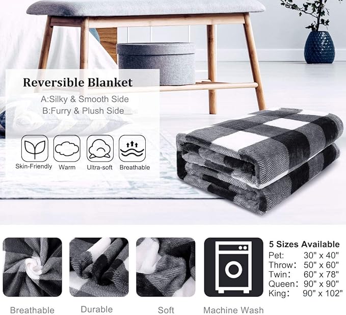 PiccoCasa Plaid Flannel Fleece Throw Blanket, Buffalo Checkered Soft Blankets and Throws, Plush Lightweight Decors Blanket for Couch Sofa Traveling, 50" x 60", White and Black Tartan