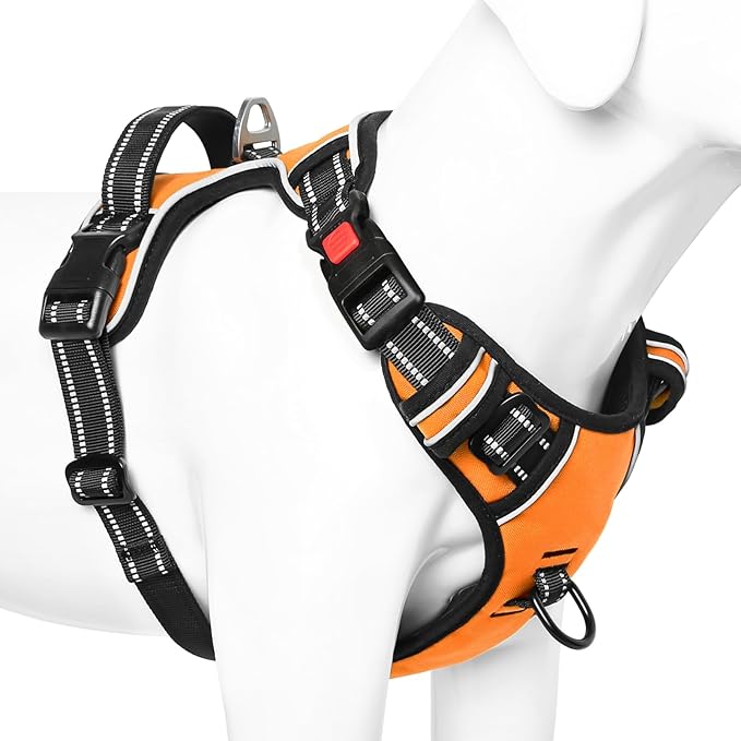 Timos Dog Harness Small Sized, No Pull with Neck Lockable Snap,No Choke Front Clip Dog Reflective Harness,Adjustable Metal Rings 3 Buckles,Easy Control Handle for Small Dogs Orange XS