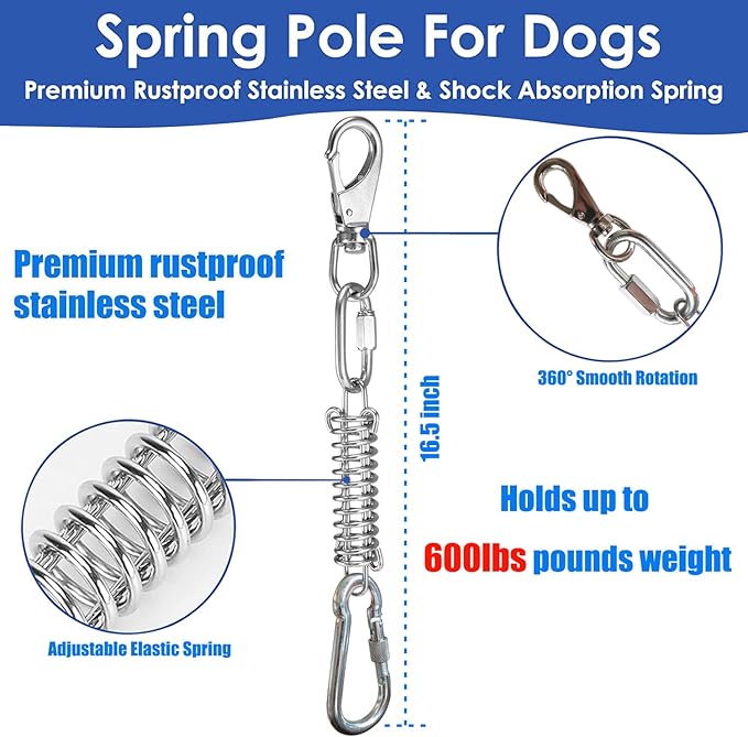 Outdoor Hanging Bungee Dog Toy, Interactive Tether Tug of War Toy for Pitbull Small to Large Breeds, Tree Tugger Rope with Spring Pole, 2 Dog Rope Toys