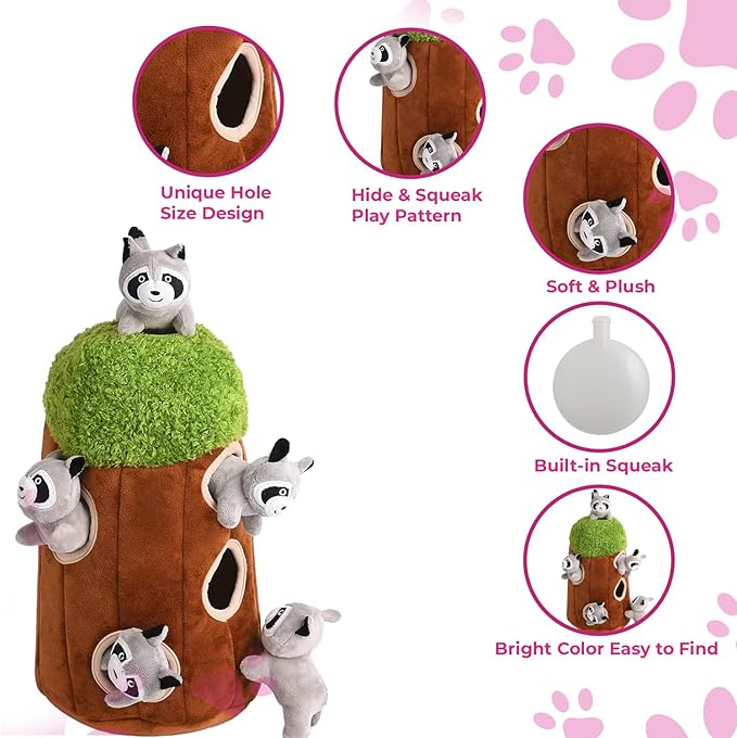 Hide and Seek Dog Toy, Plush Raccoon in Tree, Interactive Burrow, Squeaky, Woodland Style, Mental Stimulation, Fetch Fun, Replacement Toys, Medium Size, 4-Pack, Grey (Raccoon in Tree Medium)