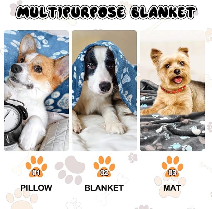 1 Pack 3 Blankets for Dogs, Dog Blankets for Large Dogs, Medium Dog Blanket Super Soft Fluffy Premium Fleece Pet Blanket Flannel Throw for Dog Puppy Cat Paw Blanket, Blue 2+Gray 1,20x30inch