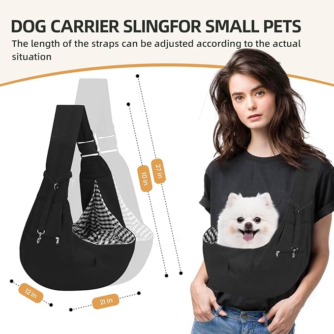 Adjustable Dog Carrier Sling - Hand-Free Dog Carriers for Small Dogs and Cats, Puppy Sling Carrier with Zipper Purse Pocket, Travel Safety Harness, Puppy Essentials (Black)