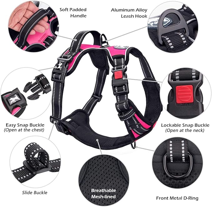PoyPet No Pull Dog Harness, No Choke Front Clip Dog Reflective Harness, Adjustable Soft Padded Pet Vest with Easy Control Handle for Small to Large Dogs(Pink,L)