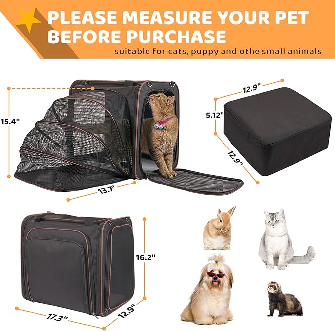 Cat Travel Carrier with Litter Box, Expandable Cat Carrier for Car Travel, Soft Sided Pet Carrier for Cats/Puppies up to 20lbs, Black