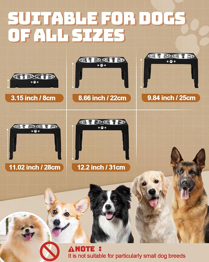Elevated Dog Bowls, Dog Feeder with 2 Stainless Steel Dishes &1 Slow Feeder Bowl, 5 Heights Adjustable Raised Stand for Medium Large, Food Dishes with Non-Slip Feet