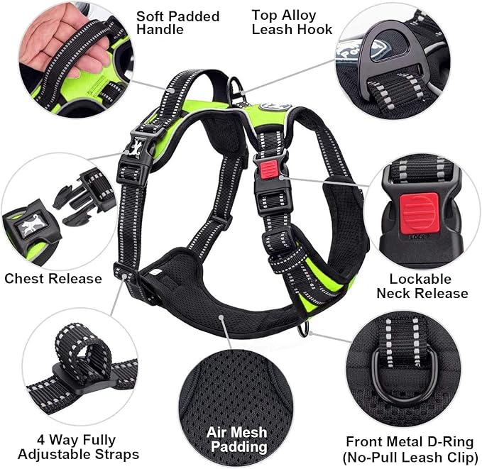 PoyPet No Pull Dog Harness, No Choke Front Clip Dog Reflective Harness, Adjustable Soft Padded Pet Vest with Easy Control Handle for Small to Large Dogs(Green,L)