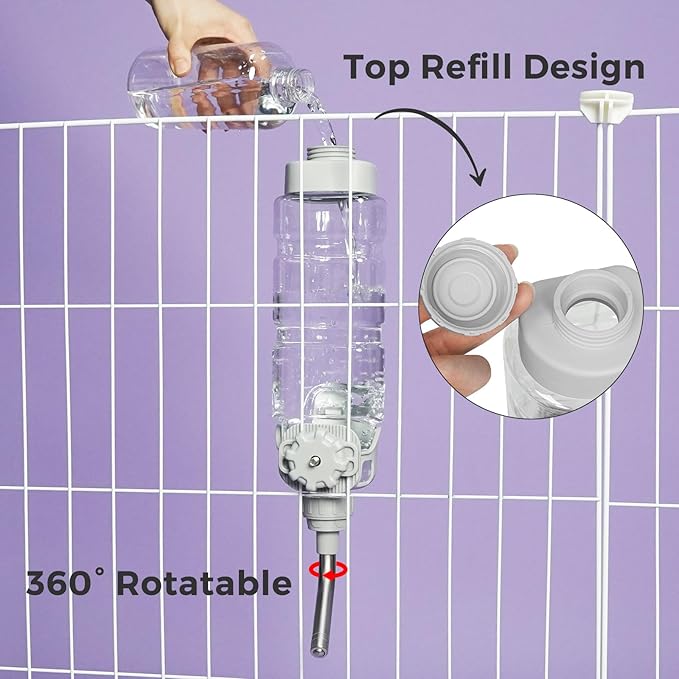 Vannon Dog Water Dispenser for Cage, 34oz Auto Feeding Crate Water Bottle for Dogs, Cats & Rabbits, Pet Nozzle Diameter: 12mm, BPA Free, Grey