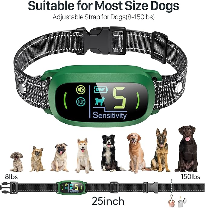 Bark Collar, Rechargeable Dog Bark Collar with 5 Adjustable Sensitivity and Intensity Beep Vibration, Anti Barking Collar for Small Medium Large Breed Dogs (Green)