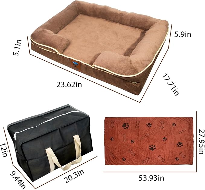 -kit Orthopedic Dog Bed with Blanket - Waterproof - Washable Cover and Memory Foam Dog Bed Cama para Perros Small Size Brown.