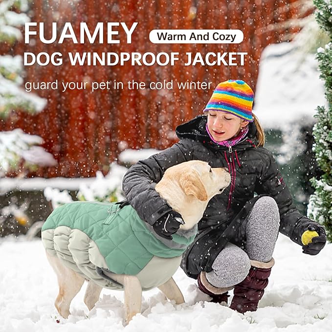 FUAMEY Dog Winter Jacket, Padded Dog Vest with Harness, Water Resistant Coat for Small to Large Dogs, Mint Green XS