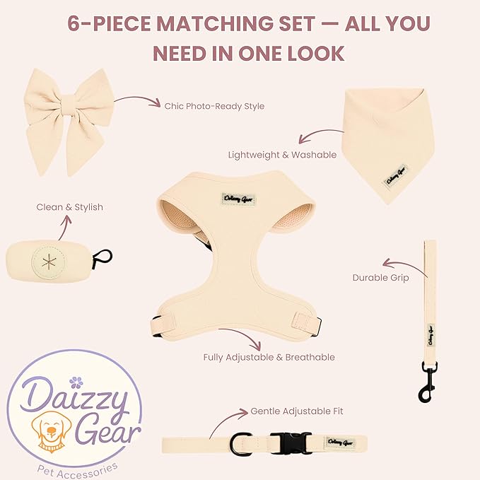 Medium Dog Harness Set – No Pull Harness with Matching Leash, Collar, Bandana, Sailor Bow & Poop Bag Holder – Pastel Cream with Heart Embroidery – Adjustable, Soft, Aesthetic Outfit