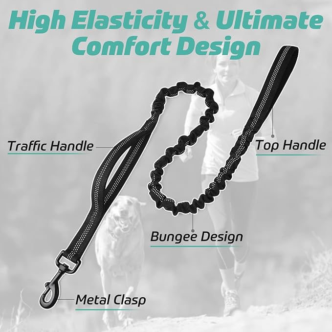 rabbitgoo Tactical Bungee Dog Leash with Shock Absorption, Military Training Leash with 2 Padded Control Handles for Medium Large Dogs, 6FT, Black