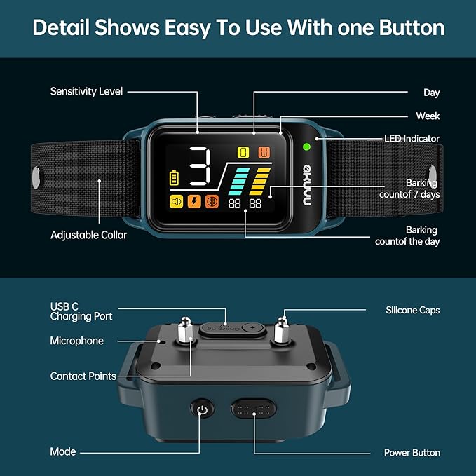 Bark Collar-Rechargeable Smart Barking Collar- Anti Bark Training Collar with Adjustable Sensitivity Beep Vibration Shock- Bark Shock Collar for Small Large Medium Dogs