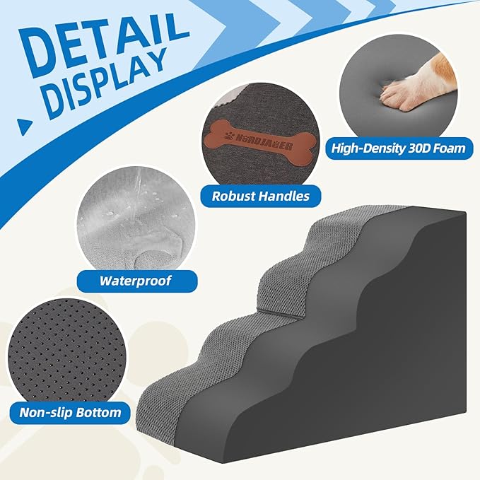 5-Step Spliceable Pet Stairs: Indoor& Outdoor Multi-Use with a Removable Cover and a Pocket, Best for Small Pets and Older Dogs Who Has Spine and Arthritis Issues to Get on High Beds, Grey(22.8" H