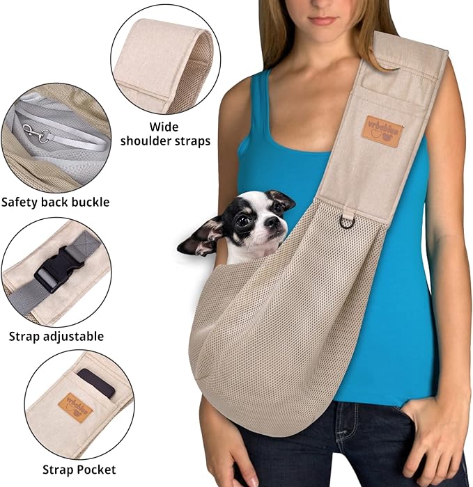Dog Sling, Breathable Mesh Dog Sling Carrier, Adjustable Strap Dog Carrier Sling, Dog Carrier Bag with Pocket, Hands Free Dog Carriers for Travel Outdoor(Beige-L)